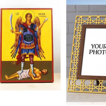 Εικόνα Ορθοδοξίας Πολυτελείας  με  σχεδιο Σταυρούς μαζι με  Βάση σε  8 χρώματα με περίγραμμα χρυσό σε ξύλο Plywood (Πλακάζ)   με  βάση Αρχάγγελος Μιχαήλ Πανορμίτης Σύμης Ολόσωμο, Ξύλινη Χειροποίητη Εικόνα Ελληνικού Βυζαντινού Στυλ Κρεμαστή σε Ξυλόπλακα Θρησκευτικό Θέμα Χειροποίητη Ελληνορθόδοξη εικόνα του Ιησού Χριστού, Κρεμαστή πλάκα βυζαντινής τέχνης, χριστιανική τέχνη Διάσταση 10x7 cm (3,9 x 2,8 ίντσες)  INTRAEK3kadro3211-10846 - Image 1