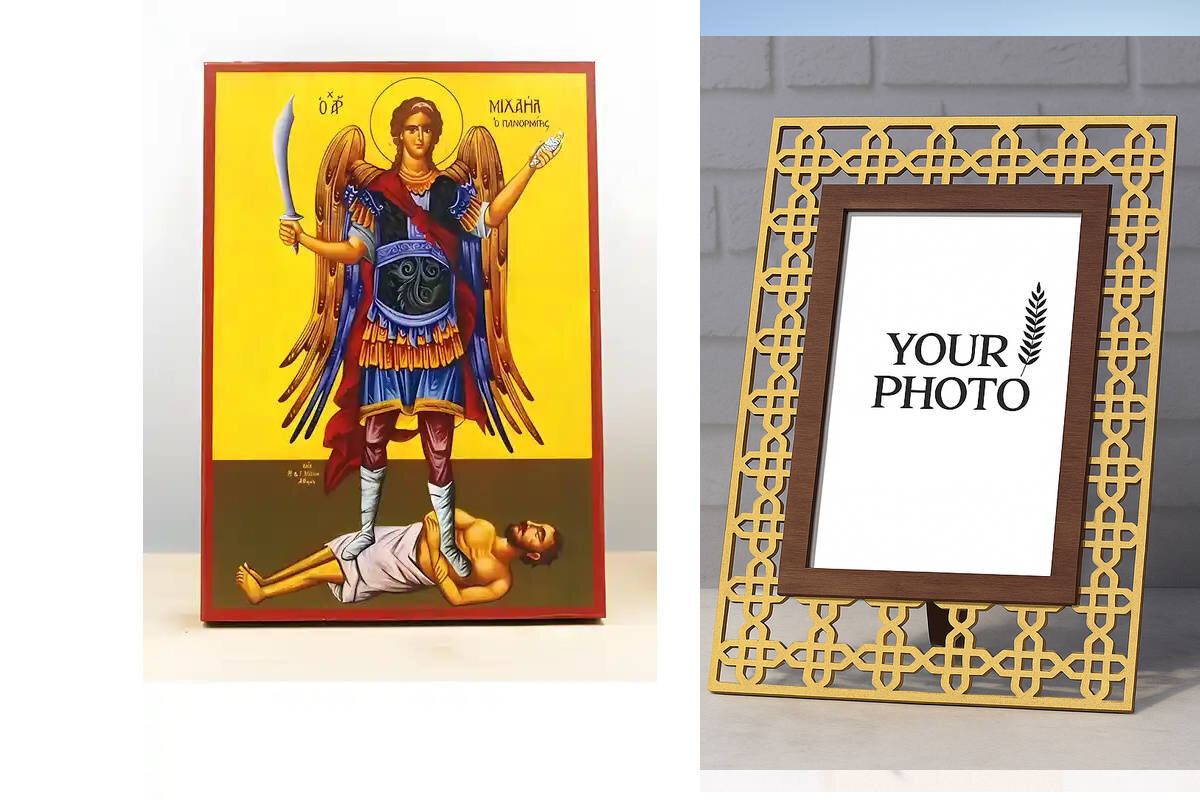 Εικόνα Ορθοδοξίας Πολυτελείας  με  σχεδιο Σταυρούς μαζι με  Βάση σε  8 χρώματα με περίγραμμα χρυσό σε ξύλο Plywood (Πλακάζ)   με  βάση Αρχάγγελος Μιχαήλ Πανορμίτης Σύμης Ολόσωμο, Ξύλινη Χειροποίητη Εικόνα Ελληνικού Βυζαντινού Στυλ Κρεμαστή σε Ξυλόπλακα Θρησκευτικό Θέμα Χειροποίητη Ελληνορθόδοξη εικόνα του Ιησού Χριστού, Κρεμαστή πλάκα βυζαντινής τέχνης, χριστιανική τέχνη Διάσταση 10x7 cm (3,9 x 2,8 ίντσες)  INTRAEK3kadro3211-10846