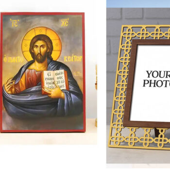 Εικόνα Ορθοδοξίας Πολυτελείας  με  σχεδιο Σταυρούς μαζι με  Βάση σε  8 χρώματα με περίγραμμα χρυσό σε ξύλο Plywood (Πλακάζ)   με  βάση Ο Ιησούς Χριστός ευλογεί τον Παντοκράτορα, Ξύλινη Χειροποίητη Εικόνα Ελληνικού Premium Βυζαντινού Στυλ Κρεμασμένο σε ξύλινη πλάκα Θρησκευτικό θέμα Χειροποίητη Ελληνορθόδοξη εικόνα του Ιησού Χριστού, Κρεμαστή πλάκα βυζαντινής τέχνης, χριστιανική τέχνη Διάσταση 10x7 cm (3,9 x 2,8 ίντσες)  INTRAEK3kadro3211-10845 - Image 1