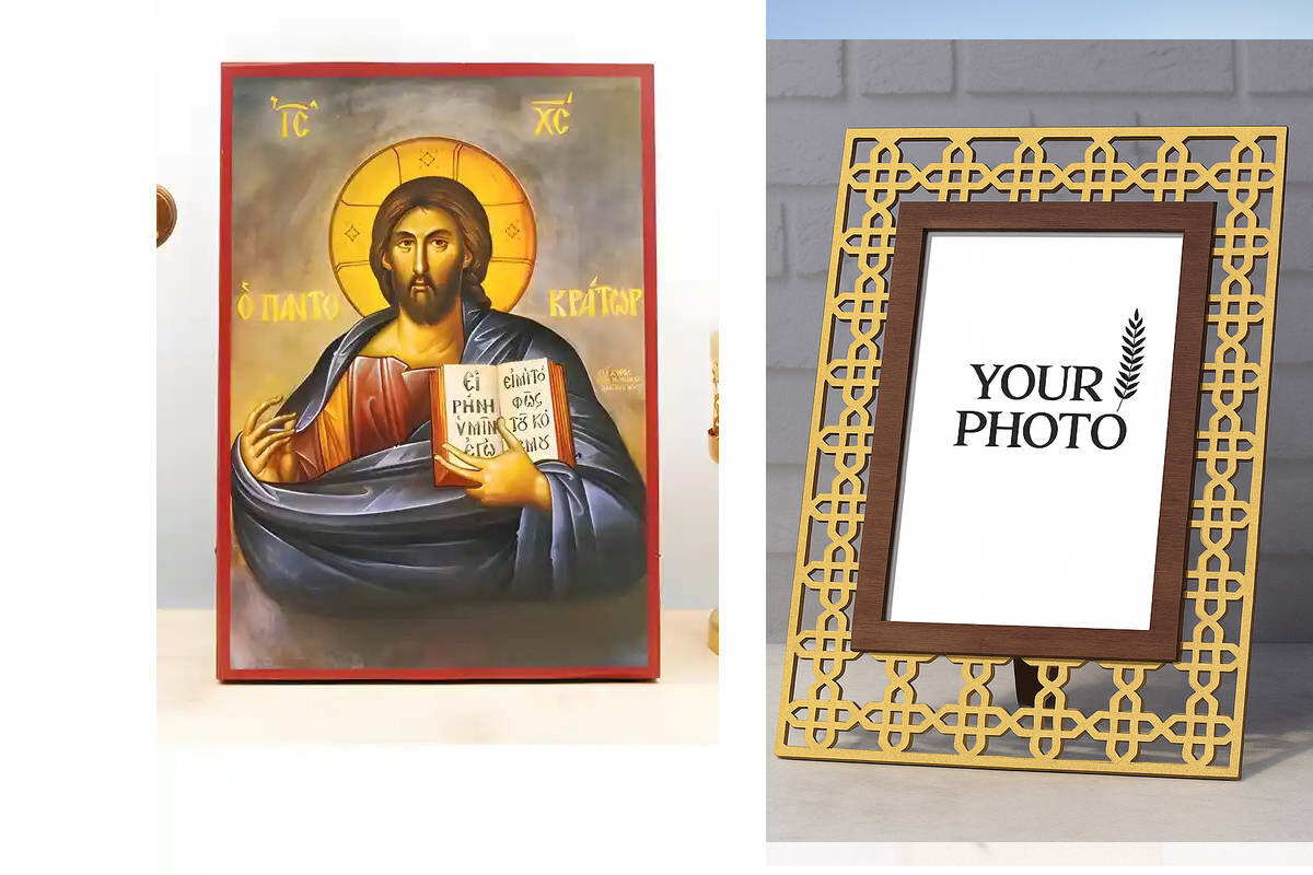 Εικόνα Ορθοδοξίας Πολυτελείας  με  σχεδιο Σταυρούς μαζι με  Βάση σε  8 χρώματα με περίγραμμα χρυσό σε ξύλο Plywood (Πλακάζ)   με  βάση Ο Ιησούς Χριστός ευλογεί τον Παντοκράτορα, Ξύλινη Χειροποίητη Εικόνα Ελληνικού Premium Βυζαντινού Στυλ Κρεμασμένο σε ξύλινη πλάκα Θρησκευτικό θέμα Χειροποίητη Ελληνορθόδοξη εικόνα του Ιησού Χριστού, Κρεμαστή πλάκα βυζαντινής τέχνης, χριστιανική τέχνη Διάσταση 10x7 cm (3,9 x 2,8 ίντσες)  INTRAEK3kadro3211-10845