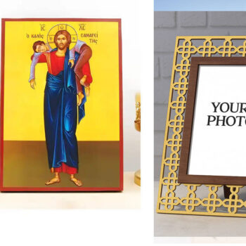 Εικόνα Ορθοδοξίας Πολυτελείας  με  σχεδιο Σταυρούς μαζι με  Βάση σε  8 χρώματα με περίγραμμα χρυσό σε ξύλο Plywood (Πλακάζ)   με  βάση Ιησούς Χριστός ο καλός Σαμαρείτης, Ξύλινη Χειροποίητη Εικόνα Ελληνικού Premium Βυζαντινού Στυλ Κρεμαστή σε ξύλινη πλάκα Θρησκευτικό θέμα Χειροποίητη Ελληνορθόδοξη εικόνα του Ιησού Χριστού, Κρεμαστή πλάκα βυζαντινής τέχνης, χριστιανική τέχνη Διάσταση 15x11 cm (5,9 x 4,3 ίντσες)  INTRAEK3kadro3211-610840 - Image 1