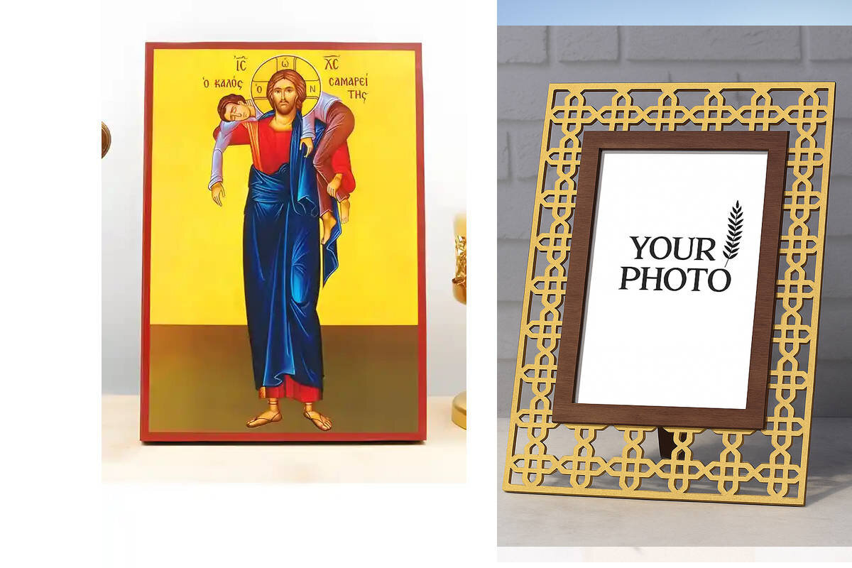 Εικόνα Ορθοδοξίας Πολυτελείας  με  σχεδιο Σταυρούς μαζι με  Βάση σε  8 χρώματα με περίγραμμα χρυσό σε ξύλο Plywood (Πλακάζ)   με  βάση Ιησούς Χριστός ο καλός Σαμαρείτης, Ξύλινη Χειροποίητη Εικόνα Ελληνικού Premium Βυζαντινού Στυλ Κρεμαστή σε ξύλινη πλάκα Θρησκευτικό θέμα Χειροποίητη Ελληνορθόδοξη εικόνα του Ιησού Χριστού, Κρεμαστή πλάκα βυζαντινής τέχνης, χριστιανική τέχνη Διάσταση 10x7 cm (3,9 x 2,8 ίντσες)  INTRAEK3kadro3211-10840