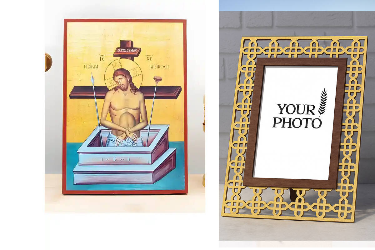 Εικόνα Ορθοδοξίας Πολυτελείας  με  σχεδιο Σταυρούς μαζι με  Βάση σε  8 χρώματα με περίγραμμα χρυσό σε ξύλο Plywood (Πλακάζ)   με  βάση Jesus Christ Man of Sorrows "Extreme Humility", Ξύλινη Χειροποίητη Εικόνα Ελληνικού Premium Βυζαντινού Στυλ τοίχου Κρεμασμένη σε ξύλινη πλάκα Θρησκευτικό Χειροποίητη Ελληνορθόδοξη εικόνα του Ιησού Χριστού, Κρεμαστή πλάκα βυζαντινής τέχνης, χριστιανική τέχνη Διάσταση 10x7 cm (3,9 x 2,8 ίντσες)  INTRAEK3kadro3211-10838