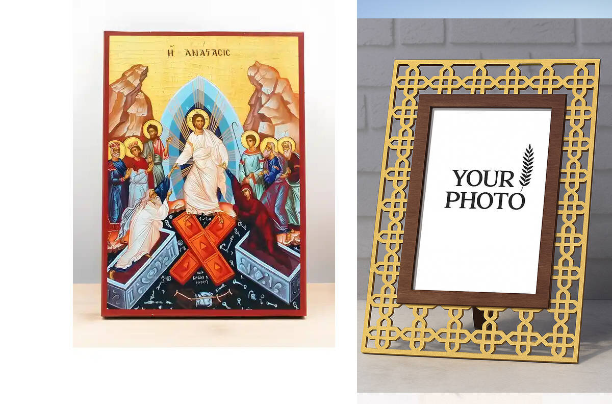 Εικόνα Ορθοδοξίας Πολυτελείας  με  σχεδιο Σταυρούς μαζι με  Βάση σε  8 χρώματα με περίγραμμα χρυσό σε ξύλο Plywood (Πλακάζ)   με  βάση Ανάσταση του Ιησού Χριστού, Ξύλινη Χειροποίητη Εικόνα Ελληνικού Premium Βυζαντινού Στυλ Κρεμασμένο σε ξύλινη πλάκα Ορθόδοξο Θρησκευτικό Θέμα Χειροποίητη Ελληνορθόδοξη εικόνα του Ιησού Χριστού, Κρεμαστή πλάκα βυζαντινής τέχνης, χριστιανική τέχνη Διάσταση 10x7 cm (3,9 x 2,8 ίντσες)  INTRAEK3kadro3211-10837