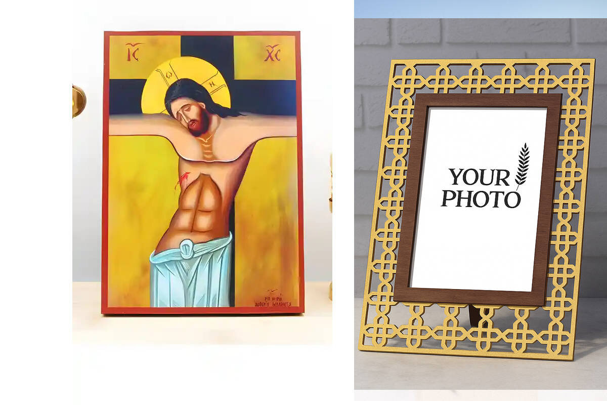 Εικόνα Ορθοδοξίας Πολυτελείας  με  σχεδιο Σταυρούς μαζι με  Βάση σε  8 χρώματα με περίγραμμα χρυσό σε ξύλο Plywood (Πλακάζ)   με  βάση Ο Ιησούς Χριστός Εσταυρωμένος, Ξύλινη Χειροποίητη Εικόνα Ελληνικού Premium Βυζαντινού Στυλ Κρεμασμένος σε ξύλινη πλάκα Θρησκευτικό θέμα Χειροποίητη Ελληνορθόδοξη εικόνα του Ιησού Χριστού, Κρεμαστή πλάκα βυζαντινής τέχνης, χριστιανική τέχνη Διάσταση 15x11 cm (5,9 x 4,3 ίντσες)  INTRAEK3kadro3211-610836