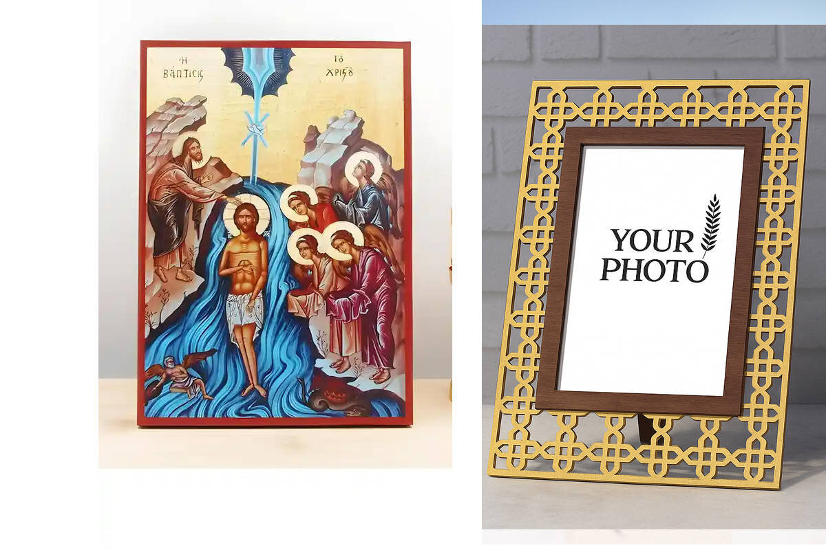 Εικόνα Ορθοδοξίας Πολυτελείας  με  σχεδιο Σταυρούς μαζι με  Βάση σε  8 χρώματα με περίγραμμα χρυσό σε ξύλο Plywood (Πλακάζ)   με  βάση Η Βάπτιση του Ιησού Χριστού, Ξύλινη Χειροποίητη Εικόνα Ελληνικού Premium Βυζαντινού Στυλ Κρεμασμένο σε ξύλινη πλάκα Ορθόδοξο Θρησκευτικό Θέμα Χειροποίητη Ελληνορθόδοξη εικόνα του Ιησού Χριστού, Κρεμαστή πλάκα βυζαντινής τέχνης, χριστιανική τέχνη Διάσταση 15x11 cm (5,9 x 4,3 ίντσες)  INTRAEK3kadro3211-610835