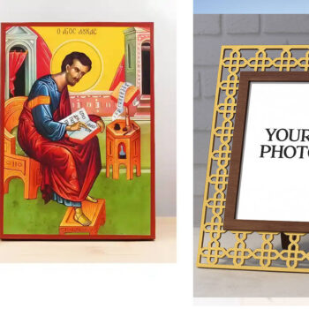 Εικόνα Ορθοδοξίας Πολυτελείας  με  σχεδιο Σταυρούς μαζι με  Βάση σε  8 χρώματα με περίγραμμα χρυσό σε ξύλο Plywood (Πλακάζ)   με  βάση Χειρόγραφο Άγιος Απόστολος Λουκάς, Ξύλινη Χειροποίητη Εικόνα Ελληνικής Premium Βυζαντινού Στυλ Κρεμαστή σε ξύλινη πλάκα Θρησκευτικό θέμα Χειροποίητη Ελληνορθόδοξη εικόνα του Ιησού Χριστού, Κρεμαστή πλάκα βυζαντινής τέχνης, χριστιανική τέχνη Διάσταση 10x7 cm (3,9 x 2,8 ίντσες)  INTRAEK3kadro3211-10828 - Image 1