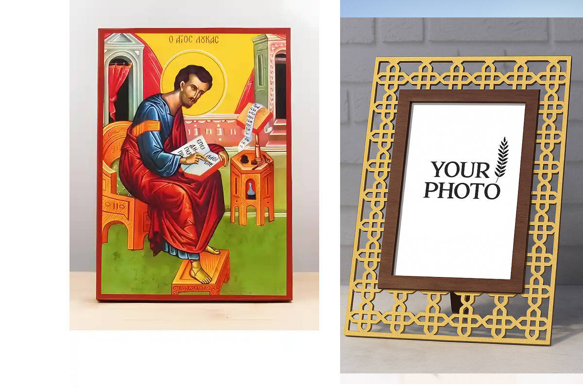 Εικόνα Ορθοδοξίας Πολυτελείας  με  σχεδιο Σταυρούς μαζι με  Βάση σε  8 χρώματα με περίγραμμα χρυσό σε ξύλο Plywood (Πλακάζ)   με  βάση Χειρόγραφο Άγιος Απόστολος Λουκάς, Ξύλινη Χειροποίητη Εικόνα Ελληνικής Premium Βυζαντινού Στυλ Κρεμαστή σε ξύλινη πλάκα Θρησκευτικό θέμα Χειροποίητη Ελληνορθόδοξη εικόνα του Ιησού Χριστού, Κρεμαστή πλάκα βυζαντινής τέχνης, χριστιανική τέχνη Διάσταση 15x11 cm (5,9 x 4,3 ίντσες)  INTRAEK3kadro3211-610828