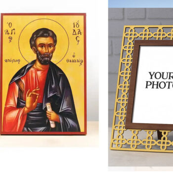 Εικόνα Ορθοδοξίας Πολυτελείας  με  σχεδιο Σταυρούς μαζι με  Βάση σε  8 χρώματα με περίγραμμα χρυσό σε ξύλο Plywood (Πλακάζ)   με  βάση Άγιος Απόστολος Ιούδας Θαδδαίος, Ξύλινη Χειροποίητη Εικόνα Ελληνικού Premium Βυζαντινού Στυλ Κρεμαστή σε ξύλινη πλάκα Θρησκευτικό θέμα Χειροποίητη Ελληνορθόδοξη εικόνα του Ιησού Χριστού, Κρεμαστή πλάκα βυζαντινής τέχνης, χριστιανική τέχνη Διάσταση 15x11 cm (5,9 x 4,3 ίντσες)  INTRAEK3kadro3211-610827 - Image 1