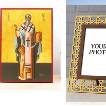 Εικόνα Ορθοδοξίας Πολυτελείας  με  σχεδιο Σταυρούς μαζι με  Βάση σε  8 χρώματα με περίγραμμα χρυσό σε ξύλο Plywood (Πλακάζ)   με  βάση Άγιος Κύπριος «Κύπριος» Ολόσωμος, Ξύλινη Χειροποίητη Εικόνα Ελληνικού Βυζαντινού Στυλ Κρεμαστή σε ξύλινη πλάκα Χειροποίητη Ελληνορθόδοξη εικόνα του Ιησού Χριστού, Κρεμαστή πλάκα βυζαντινής τέχνης, χριστιανική τέχνη Διάσταση 15x11 cm (5,9 x 4,3 ίντσες)  INTRAEK3kadro3211-610826 - Image 1