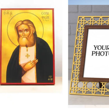 Εικόνα Ορθοδοξίας Πολυτελείας  με  σχεδιο Σταυρούς μαζι με  Βάση σε  8 χρώματα με περίγραμμα χρυσό σε ξύλο Plywood (Πλακάζ)   με  βάση Άγιος Σεραφείμ του Σάρωφ, Ξύλινη Χειροποίητη Εικόνα Ελληνικού Βυζαντινού Στυλ Κρεμασμένη σε ξύλινη πλάκα Χειροποίητη Ελληνορθόδοξη εικόνα του Ιησού Χριστού, Κρεμαστή πλάκα βυζαντινής τέχνης, χριστιανική τέχνη Διάσταση 10x7 cm (3,9 x 2,8 ίντσες)  INTRAEK3kadro3211-10825 - Image 1