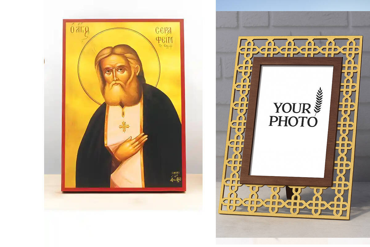 Εικόνα Ορθοδοξίας Πολυτελείας  με  σχεδιο Σταυρούς μαζι με  Βάση σε  8 χρώματα με περίγραμμα χρυσό σε ξύλο Plywood (Πλακάζ)   με  βάση Άγιος Σεραφείμ του Σάρωφ, Ξύλινη Χειροποίητη Εικόνα Ελληνικού Βυζαντινού Στυλ Κρεμασμένη σε ξύλινη πλάκα Χειροποίητη Ελληνορθόδοξη εικόνα του Ιησού Χριστού, Κρεμαστή πλάκα βυζαντινής τέχνης, χριστιανική τέχνη Διάσταση 15x11 cm (5,9 x 4,3 ίντσες)  INTRAEK3kadro3211-610825