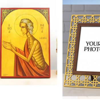 Εικόνα Ορθοδοξίας Πολυτελείας  με  σχεδιο Σταυρούς μαζι με  Βάση σε  8 χρώματα με περίγραμμα χρυσό σε ξύλο Plywood (Πλακάζ)   με  βάση Η Αγία Μαρία της Αιγύπτου η Ερήμου Μητέρα, Ξύλινη Χειροποίητη Εικόνα Ελληνικού Premium Βυζαντινού Στυλ Κρεμασμένη σε ξύλινη πλάκα Χειροποίητη Ελληνορθόδοξη εικόνα του Ιησού Χριστού, Κρεμαστή πλάκα βυζαντινής τέχνης, χριστιανική τέχνη Διάσταση 10x7 cm (3,9 x 2,8 ίντσες)  INTRAEK3kadro3211-10817 - Image 1