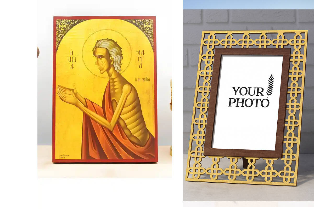 Εικόνα Ορθοδοξίας Πολυτελείας  με  σχεδιο Σταυρούς μαζι με  Βάση σε  8 χρώματα με περίγραμμα χρυσό σε ξύλο Plywood (Πλακάζ)   με  βάση Η Αγία Μαρία της Αιγύπτου η Ερήμου Μητέρα, Ξύλινη Χειροποίητη Εικόνα Ελληνικού Premium Βυζαντινού Στυλ Κρεμασμένη σε ξύλινη πλάκα Χειροποίητη Ελληνορθόδοξη εικόνα του Ιησού Χριστού, Κρεμαστή πλάκα βυζαντινής τέχνης, χριστιανική τέχνη Διάσταση 15x11 cm (5,9 x 4,3 ίντσες)  INTRAEK3kadro3211-610817