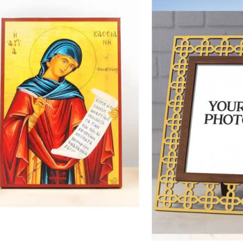 Εικόνα Ορθοδοξίας Πολυτελείας  με  σχεδιο Σταυρούς μαζι με  Βάση σε  8 χρώματα με περίγραμμα χρυσό σε ξύλο Plywood (Πλακάζ)   με  βάση Αγία Κασσία «Κασσιανή» η Υμνογράφος, Ξύλινη Χειροποίητη Εικόνα Ελληνικής Βυζαντινής Τεχνοτροπίας Κρεμασμένη σε ξύλινη πλάκα Χειροποίητη Ελληνορθόδοξη εικόνα του Ιησού Χριστού, Κρεμαστή πλάκα βυζαντινής τέχνης, χριστιανική τέχνη Διάσταση 10x7 cm (3,9 x 2,8 ίντσες)  INTRAEK3kadro3211-10816 - Image 1