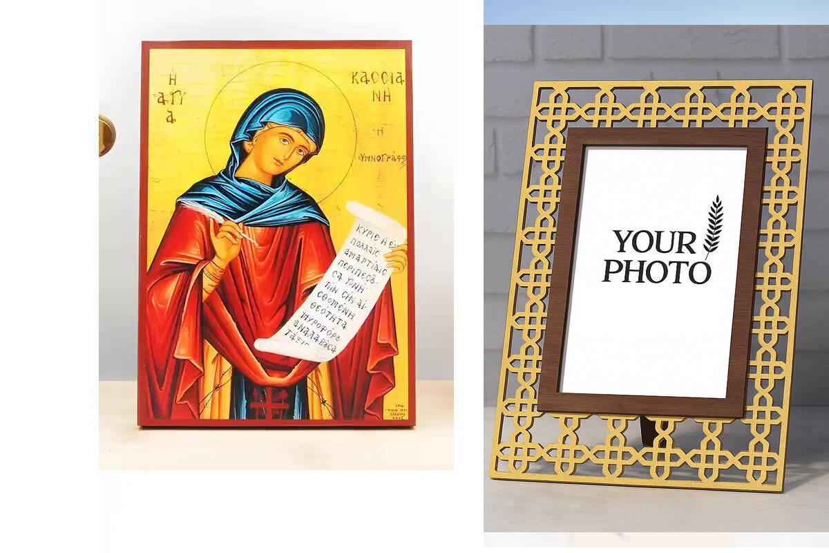 Εικόνα Ορθοδοξίας Πολυτελείας  με  σχεδιο Σταυρούς μαζι με  Βάση σε  8 χρώματα με περίγραμμα χρυσό σε ξύλο Plywood (Πλακάζ)   με  βάση Αγία Κασσία «Κασσιανή» η Υμνογράφος, Ξύλινη Χειροποίητη Εικόνα Ελληνικής Βυζαντινής Τεχνοτροπίας Κρεμασμένη σε ξύλινη πλάκα Χειροποίητη Ελληνορθόδοξη εικόνα του Ιησού Χριστού, Κρεμαστή πλάκα βυζαντινής τέχνης, χριστιανική τέχνη Διάσταση 10x7 cm (3,9 x 2,8 ίντσες)  INTRAEK3kadro3211-10816