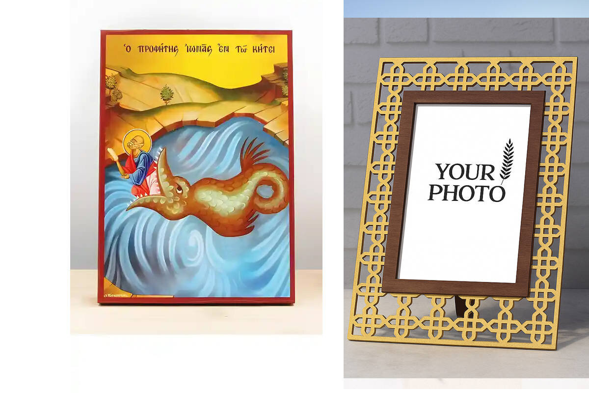 Εικόνα Ορθοδοξίας Πολυτελείας  με  σχεδιο Σταυρούς μαζι με  Βάση σε  8 χρώματα με περίγραμμα χρυσό σε ξύλο Plywood (Πλακάζ)   με  βάση Ο Άγιος Προφήτης Ιωνάς και η Φάλαινα, Ξύλινη Χειροποίητη Εικόνα Ελληνικού Premium Βυζαντινού Στυλ Κρεμασμένο σε ξύλινη πλάκα Θρησκευτικό θέμα Χειροποίητη Ελληνορθόδοξη εικόνα του Ιησού Χριστού, Κρεμαστή πλάκα βυζαντινής τέχνης, χριστιανική τέχνη Διάσταση 10x7 cm (3,9 x 2,8 ίντσες)  INTRAEK3kadro3211-10815