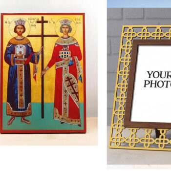 Εικόνα Ορθοδοξίας Πολυτελείας  με  σχεδιο Σταυρούς μαζι με  Βάση σε  8 χρώματα με περίγραμμα χρυσό σε ξύλο Plywood (Πλακάζ)   με  βάση Άγιοι Κωνσταντίνος και Ελένη, Ξύλινη Χειροποίητη Εικόνα Ελληνικού Premium Βυζαντινού Στυλ Κρεμαστή σε ξύλινη πλάκα Χειροποίητη Ελληνορθόδοξη εικόνα του Ιησού Χριστού, Κρεμαστή πλάκα βυζαντινής τέχνης, χριστιανική τέχνη Διάσταση 10x7 cm (3,9 x 2,8 ίντσες)  INTRAEK3kadro3211-10814 - Image 1