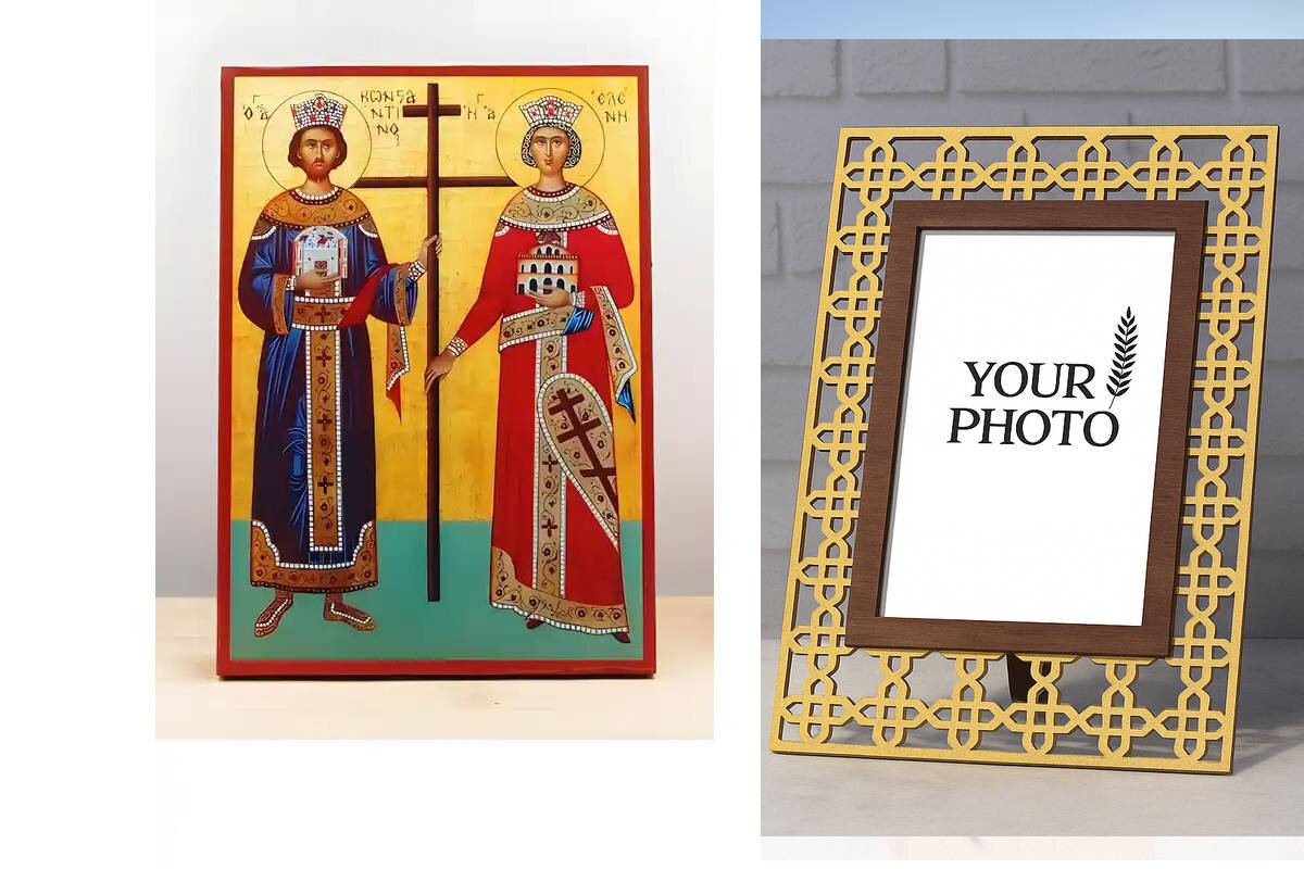 Εικόνα Ορθοδοξίας Πολυτελείας  με  σχεδιο Σταυρούς μαζι με  Βάση σε  8 χρώματα με περίγραμμα χρυσό σε ξύλο Plywood (Πλακάζ)   με  βάση Άγιοι Κωνσταντίνος και Ελένη, Ξύλινη Χειροποίητη Εικόνα Ελληνικού Premium Βυζαντινού Στυλ Κρεμαστή σε ξύλινη πλάκα Χειροποίητη Ελληνορθόδοξη εικόνα του Ιησού Χριστού, Κρεμαστή πλάκα βυζαντινής τέχνης, χριστιανική τέχνη Διάσταση 10x7 cm (3,9 x 2,8 ίντσες)  INTRAEK3kadro3211-10814