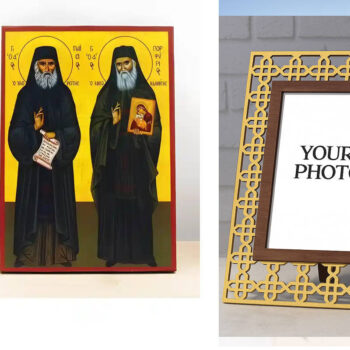 Εικόνα Ορθοδοξίας Πολυτελείας  με  σχεδιο Σταυρούς μαζι με  Βάση σε  8 χρώματα με περίγραμμα χρυσό σε ξύλο Plywood (Πλακάζ)   με  βάση Άγιοι Παΐσιος του Αγίου Όρους & Πορφύριος Καυσοκαλυβίων, Ξύλινη Χειροποίητη Εικόνα Ελληνικής Βυζαντινής Στυλ Κρεμαστή σε ξύλινη πλάκα Χειροποίητη Ελληνορθόδοξη εικόνα του Ιησού Χριστού, Κρεμαστή πλάκα βυζαντινής τέχνης, χριστιανική τέχνη Διάσταση 10x7 cm (3,9 x 2,8 ίντσες)  INTRAEK3kadro3211-10813 - Image 1