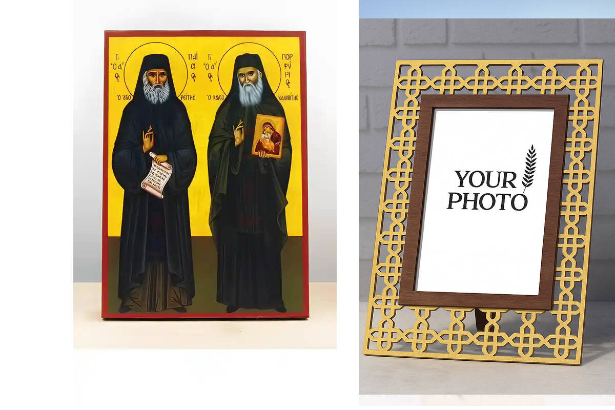 Εικόνα Ορθοδοξίας Πολυτελείας  με  σχεδιο Σταυρούς μαζι με  Βάση σε  8 χρώματα με περίγραμμα χρυσό σε ξύλο Plywood (Πλακάζ)   με  βάση Άγιοι Παΐσιος του Αγίου Όρους &amp; Πορφύριος Καυσοκαλυβίων, Ξύλινη Χειροποίητη Εικόνα Ελληνικής Βυζαντινής Στυλ Κρεμαστή σε ξύλινη πλάκα Χειροποίητη Ελληνορθόδοξη εικόνα του Ιησού Χριστού, Κρεμαστή πλάκα βυζαντινής τέχνης, χριστιανική τέχνη Διάσταση 10x7 cm (3,9 x 2,8 ίντσες)  INTRAEK3kadro3211-10813