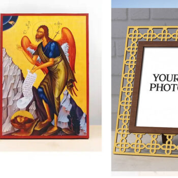 Εικόνα Ορθοδοξίας Πολυτελείας  με  σχεδιο Σταυρούς μαζι με  Βάση σε  8 χρώματα με περίγραμμα χρυσό σε ξύλο Plywood (Πλακάζ)   με  βάση Άγιος Ιωάννης ο Βαπτιστής Άγγελος της Ερήμου στο Βουνό, Ξύλινη Χειροποίητη Εικόνα Ελληνικού Βυζαντινού Στυλ σε τοίχο Κρεμασμένη σε ξύλινη πλάκα Χειροποίητη Ελληνορθόδοξη εικόνα του Ιησού Χριστού, Κρεμαστή πλάκα βυζαντινής τέχνης, χριστιανική τέχνη Διάσταση 10x7 cm (3,9 x 2,8 ίντσες)  INTRAEK3kadro3211-10810 - Image 1