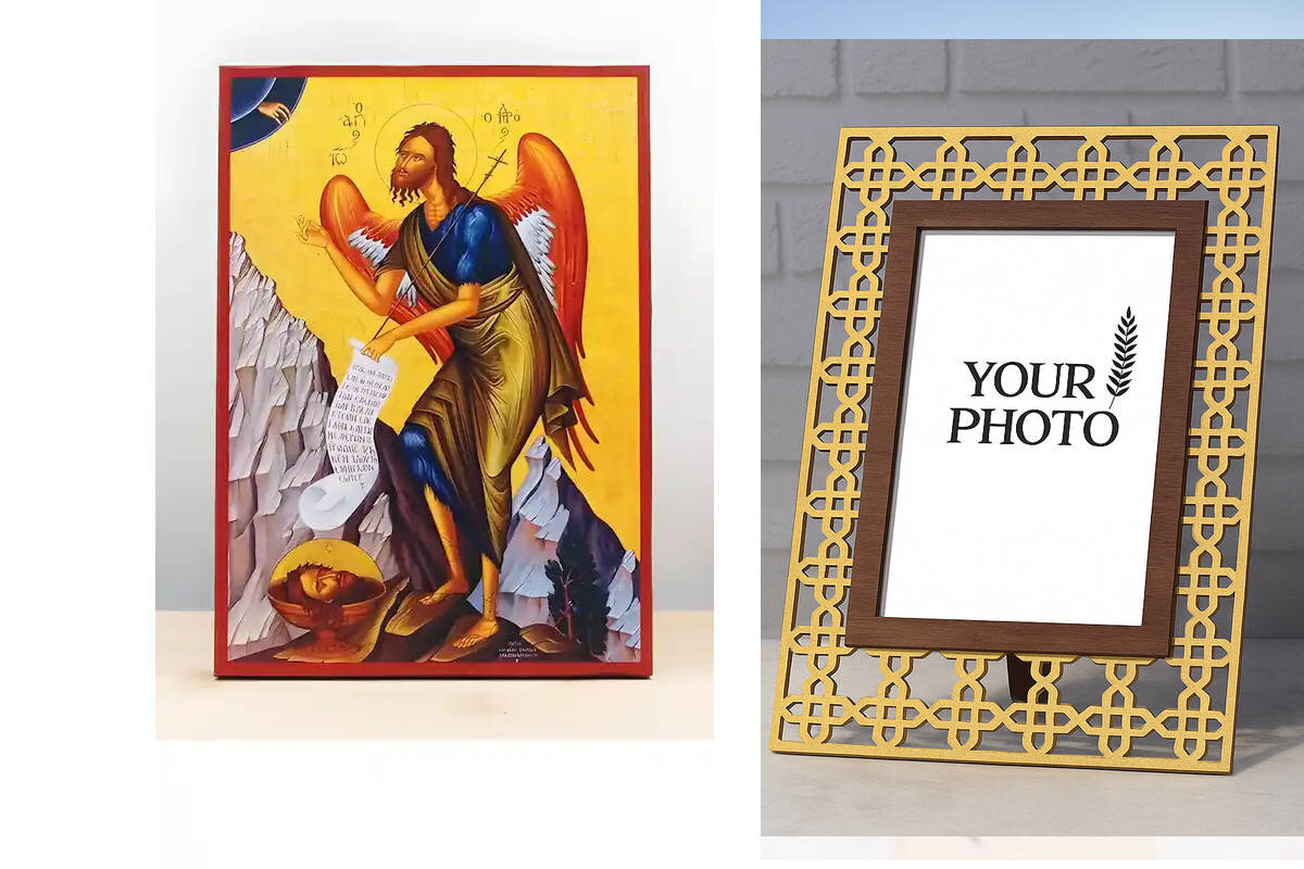 Εικόνα Ορθοδοξίας Πολυτελείας  με  σχεδιο Σταυρούς μαζι με  Βάση σε  8 χρώματα με περίγραμμα χρυσό σε ξύλο Plywood (Πλακάζ)   με  βάση Άγιος Ιωάννης ο Βαπτιστής Άγγελος της Ερήμου στο Βουνό, Ξύλινη Χειροποίητη Εικόνα Ελληνικού Βυζαντινού Στυλ σε τοίχο Κρεμασμένη σε ξύλινη πλάκα Χειροποίητη Ελληνορθόδοξη εικόνα του Ιησού Χριστού, Κρεμαστή πλάκα βυζαντινής τέχνης, χριστιανική τέχνη Διάσταση 10x7 cm (3,9 x 2,8 ίντσες)  INTRAEK3kadro3211-10810