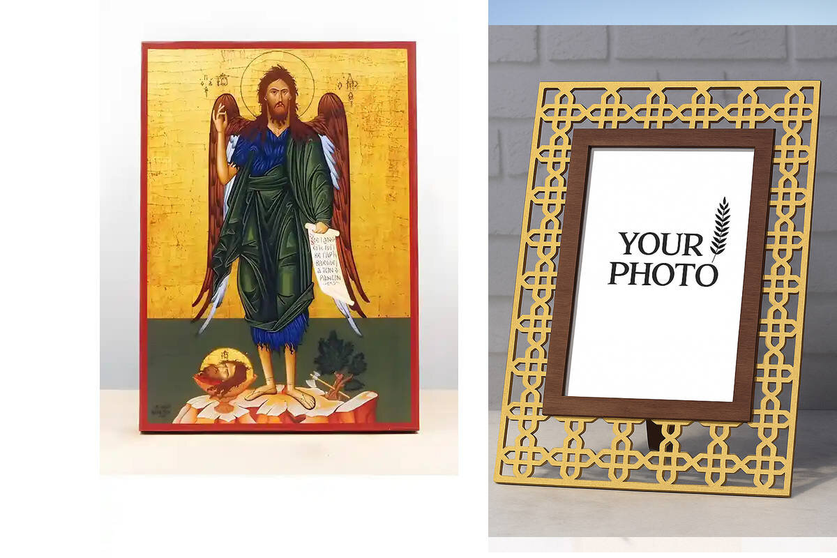 Εικόνα Ορθοδοξίας Πολυτελείας  με  σχεδιο Σταυρούς μαζι με  Βάση σε  8 χρώματα με περίγραμμα χρυσό σε ξύλο Plywood (Πλακάζ)   με  βάση Άγιος Ιωάννης ο Βαπτιστής Άγγελος της Ερήμου, Ξύλινη Χειροποίητη Εικόνα Ελληνικού Premium Βυζαντινού Στυλ Κρεμασμένο σε ξύλινη πλάκα Θρησκευτικό θέμα Χειροποίητη Ελληνορθόδοξη εικόνα του Ιησού Χριστού, Κρεμαστή πλάκα βυζαντινής τέχνης, χριστιανική τέχνη Διάσταση 10x7 cm (3,9 x 2,8 ίντσες)  INTRAEK3kadro3211-10809