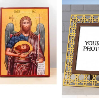 Εικόνα Ορθοδοξίας Πολυτελείας  με  σχεδιο Σταυρούς μαζι με  Βάση σε  8 χρώματα με περίγραμμα χρυσό σε ξύλο Plywood (Πλακάζ)   με  βάση Άγιος Ιωάννης ο Βαπτιστής "ο Πρόδρομος", Ξύλινη Χειροποίητη Εικόνα Ελληνικού Βυζαντινού Στυλ Κρεμαστή σε Ξύλινη Πλάκα Θρησκευτικό Θέμα Χειροποίητη Ελληνορθόδοξη εικόνα του Ιησού Χριστού, Κρεμαστή πλάκα βυζαντινής τέχνης, χριστιανική τέχνη Διάσταση 10x7 cm (3,9 x 2,8 ίντσες)  INTRAEK3kadro3211-10808 - Image 1