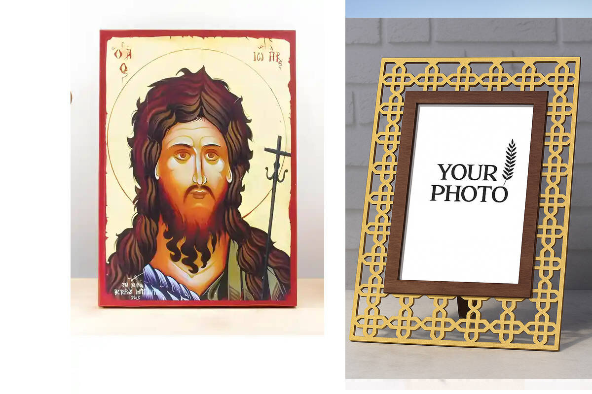 Εικόνα Ορθοδοξίας Πολυτελείας  με  σχεδιο Σταυρούς μαζι με  Βάση σε  8 χρώματα με περίγραμμα χρυσό σε ξύλο Plywood (Πλακάζ)   με  βάση Πορτρέτο του Αγίου Ιωάννη του Βαπτιστή "ο Πρόδρομος", WΞύλινη Χειροποίητη Εικόνα Ελληνικής Premium Βυζαντινού Στυλ τοίχου Κρεμασμένη σε ξύλινη πλάκα Θρησκευτικό Χειροποίητη Ελληνορθόδοξη εικόνα του Ιησού Χριστού, Κρεμαστή πλάκα βυζαντινής τέχνης, χριστιανική τέχνη Διάσταση 10x7 cm (3,9 x 2,8 ίντσες)  INTRAEK3kadro3211-10807