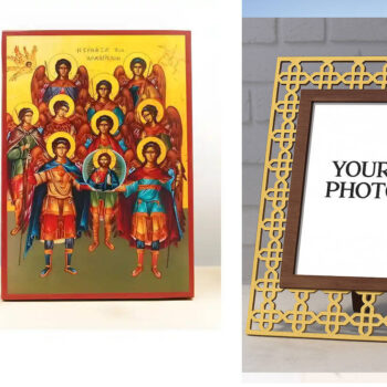 Εικόνα Ορθοδοξίας Πολυτελείας  με  σχεδιο Σταυρούς μαζι με  Βάση σε  8 χρώματα με περίγραμμα χρυσό σε ξύλο Plywood (Πλακάζ)   με  βάση Σύναξη Αρχαγγέλων με τον Ιησού Χριστό, Ξύλινη Χειροποίητη Εικόνα Ελληνικού Βυζαντινού Στυλ Κρεμαστή σε Ξύλινη Πλάκα Θρησκευτικό Θέμα Χειροποίητη Ελληνορθόδοξη εικόνα του Ιησού Χριστού, Κρεμαστή πλάκα βυζαντινής τέχνης, χριστιανική τέχνη Διάσταση 10x7 cm (3,9 x 2,8 ίντσες)  INTRAEK3kadro3211-10806 - Image 1