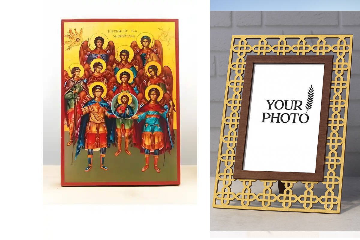 Εικόνα Ορθοδοξίας Πολυτελείας  με  σχεδιο Σταυρούς μαζι με  Βάση σε  8 χρώματα με περίγραμμα χρυσό σε ξύλο Plywood (Πλακάζ)   με  βάση Σύναξη Αρχαγγέλων με τον Ιησού Χριστό, Ξύλινη Χειροποίητη Εικόνα Ελληνικού Βυζαντινού Στυλ Κρεμαστή σε Ξύλινη Πλάκα Θρησκευτικό Θέμα Χειροποίητη Ελληνορθόδοξη εικόνα του Ιησού Χριστού, Κρεμαστή πλάκα βυζαντινής τέχνης, χριστιανική τέχνη Διάσταση 10x7 cm (3,9 x 2,8 ίντσες)  INTRAEK3kadro3211-10806