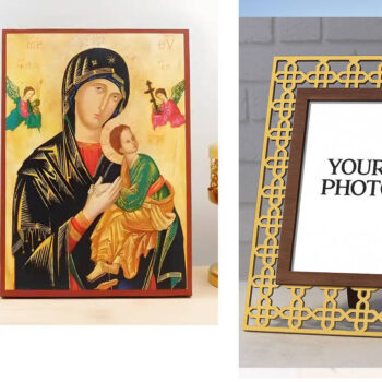 Εικόνα Ορθοδοξίας Πολυτελείας  με  σχεδιο Σταυρούς μαζι με  Βάση σε  8 χρώματα με περίγραμμα χρυσό σε ξύλο Plywood (Πλακάζ)   με  βάση Παναγία της Αιώνιας Βοήθειας με τον Ιησού, Ξύλινη Χειροποίητη Εικόνα Ελληνικού Βυζαντινού Στυλ σε τοίχο Κρεμαστή σε Ξυλόπλακα Θρησκευτικό θέμα Χειροποίητη Ελληνορθόδοξη εικόνα του Ιησού Χριστού, Κρεμαστή πλάκα βυζαντινής τέχνης, χριστιανική τέχνη Διάσταση 10x7 cm (3,9 x 2,8 ίντσες)  INTRAEK3kadro3211-10804 - Image 1