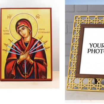 Εικόνα Ορθοδοξίας Πολυτελείας  με  σχεδιο Σταυρούς μαζι με  Βάση σε  8 χρώματα με περίγραμμα χρυσό σε ξύλο Plywood (Πλακάζ)   με  βάση Παναγία των Θλίψεων «Μαλακτικόν Καρδιών», Ξύλινη Χειροποίητη Εικόνα Ελληνικής Premium Βυζαντινού Στυλ τοίχου Κρεμασμένη σε Ξύλινη Πλάκα Θρησκευτικό Χειροποίητη Ελληνορθόδοξη εικόνα του Ιησού Χριστού, Κρεμαστή πλάκα βυζαντινής τέχνης, χριστιανική τέχνη Διάσταση 10x7 cm (3,9 x 2,8 ίντσες)  INTRAEK3kadro3211-10803 - Image 1