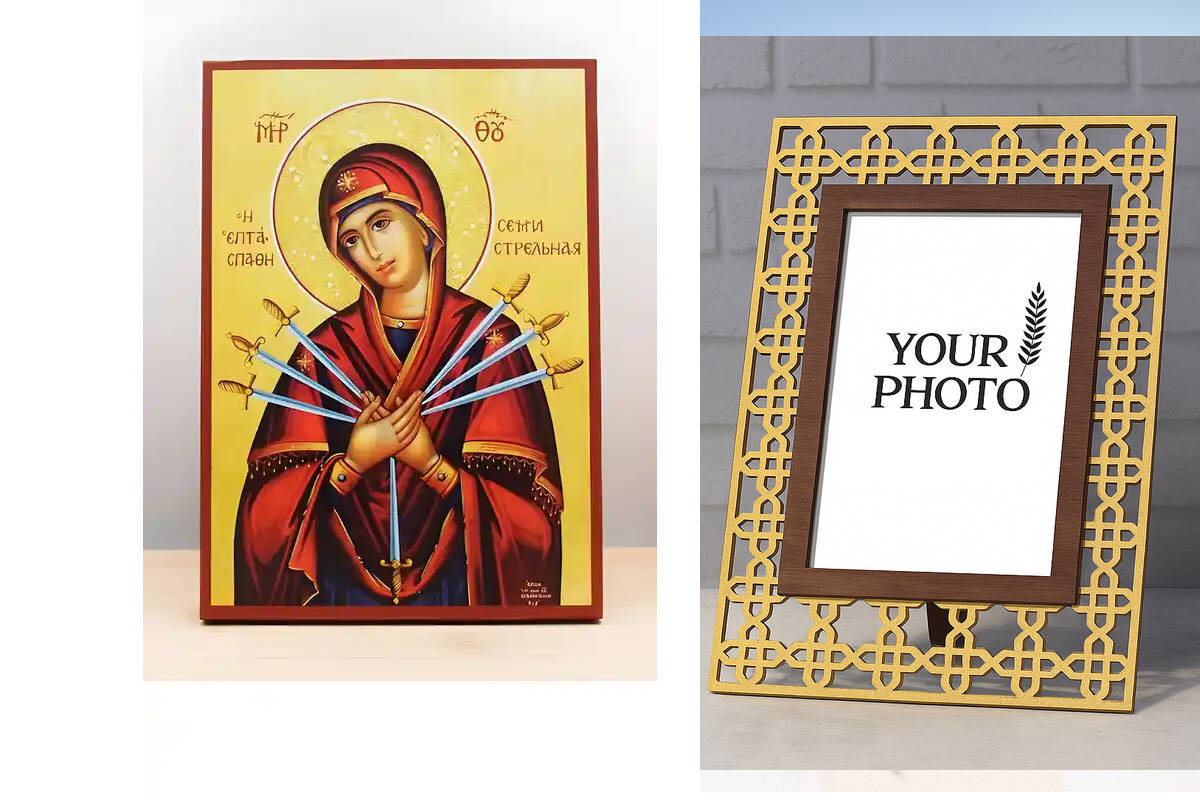 Εικόνα Ορθοδοξίας Πολυτελείας  με  σχεδιο Σταυρούς μαζι με  Βάση σε  8 χρώματα με περίγραμμα χρυσό σε ξύλο Plywood (Πλακάζ)   με  βάση Παναγία των Θλίψεων «Μαλακτικόν Καρδιών», Ξύλινη Χειροποίητη Εικόνα Ελληνικής Premium Βυζαντινού Στυλ τοίχου Κρεμασμένη σε Ξύλινη Πλάκα Θρησκευτικό Χειροποίητη Ελληνορθόδοξη εικόνα του Ιησού Χριστού, Κρεμαστή πλάκα βυζαντινής τέχνης, χριστιανική τέχνη Διάσταση 10x7 cm (3,9 x 2,8 ίντσες)  INTRAEK3kadro3211-10803