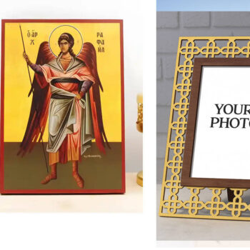 Εικόνα Ορθοδοξίας Πολυτελείας  με  σχεδιο Σταυρούς μαζι με  Βάση σε  8 χρώματα με περίγραμμα χρυσό σε ξύλο Plywood (Πλακάζ)   με  βάση Αρχάγγελος Ραφαήλ Ολόσωμο, Ξύλινη Χειροποίητη Εικόνα Ελληνικού Premium Βυζαντινού Στυλ Κρεμασμένο σε ξύλινη πλάκα Θρησκευτικό θέμα Χειροποίητη Ελληνορθόδοξη εικόνα του Ιησού Χριστού, Κρεμαστή πλάκα βυζαντινής τέχνης, χριστιανική τέχνη Διάσταση 10x7 cm (3,9 x 2,8 ίντσες)  INTRAEK3kadro3211-10800 - Image 1