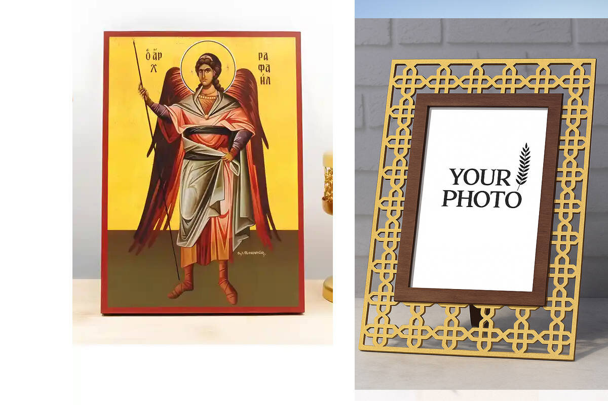 Εικόνα Ορθοδοξίας Πολυτελείας  με  σχεδιο Σταυρούς μαζι με  Βάση σε  8 χρώματα με περίγραμμα χρυσό σε ξύλο Plywood (Πλακάζ)   με  βάση Αρχάγγελος Ραφαήλ Ολόσωμο, Ξύλινη Χειροποίητη Εικόνα Ελληνικού Premium Βυζαντινού Στυλ Κρεμασμένο σε ξύλινη πλάκα Θρησκευτικό θέμα Χειροποίητη Ελληνορθόδοξη εικόνα του Ιησού Χριστού, Κρεμαστή πλάκα βυζαντινής τέχνης, χριστιανική τέχνη Διάσταση 10x7 cm (3,9 x 2,8 ίντσες)  INTRAEK3kadro3211-10800