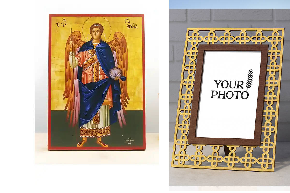 Εικόνα Ορθοδοξίας Πολυτελείας  με  σχεδιο Σταυρούς μαζι με  Βάση σε  8 χρώματα με περίγραμμα χρυσό σε ξύλο Plywood (Πλακάζ)   με  βάση Αρχάγγελος Γαβριήλ Ολόσωμο, Ξύλινη Χειροποίητη Εικόνα Ελληνικού Premium Βυζαντινού Στυλ Κρεμασμένο σε ξύλινη πλάκα Θρησκευτικό θέμα Χειροποίητη Ελληνορθόδοξη εικόνα του Ιησού Χριστού, Κρεμαστή πλάκα βυζαντινής τέχνης, χριστιανική τέχνη Διάσταση 10x7 cm (3,9 x 2,8 ίντσες)  INTRAEK3kadro3211-10799