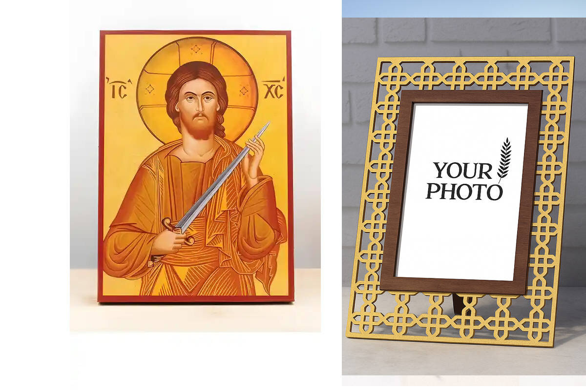 Εικόνα Ορθοδοξίας Πολυτελείας  με  σχεδιο Σταυρούς μαζι με  Βάση σε  8 χρώματα με περίγραμμα χρυσό σε ξύλο Plywood (Πλακάζ)   με  βάση Ο Ιησούς Χριστός κρατά ένα πνευματικό ξίφος "Κόβει" αμαρτίες, Ξύλινη χειροποίητη εικόνα Ελληνικού βυζαντινού στυλ τοίχου που κρέμεται σε ξύλινη πλάκα Χειροποίητη Ελληνορθόδοξη εικόνα του Ιησού Χριστού, Κρεμαστή πλάκα βυζαντινής τέχνης, χριστιανική τέχνη Διάσταση 10x7 cm (3,9 x 2,8 ίντσες)  INTRAEK3kadro3211-10798