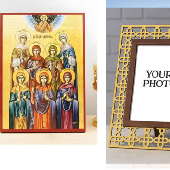 Εικόνα Ορθοδοξίας Πολυτελείας  με  σχεδιο Σταυρούς μαζι με  Βάση σε  8 χρώματα με περίγραμμα χρυσό σε ξύλο Plywood (Πλακάζ)   με  βάση The Seven Myrrhbearers, Ξύλινη Χειροποίητη Εικόνα Ελληνικού Premium Βυζαντινού Στυλ Κρεμασμένο σε ξύλινη πλάκα Χειροποίητη Ελληνορθόδοξη εικόνα του Ιησού Χριστού, Κρεμαστή πλάκα βυζαντινής τέχνης, χριστιανική τέχνη Διάσταση 15x11 cm (5,9 x 4,3 ίντσες)  INTRAEK3kadro3211-611234 - Image 1