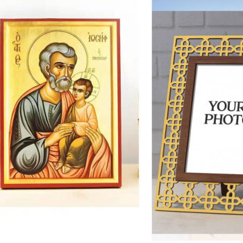 Εικόνα Ορθοδοξίας Πολυτελείας  με  σχεδιο Σταυρούς μαζι με  Βάση σε  8 χρώματα με περίγραμμα χρυσό σε ξύλο Plywood (Πλακάζ)   με  βάση Άγιος Ιωσήφ ο Αρραβωνιαστικός, Ξύλινη Χειροποίητη Εικόνα Ελληνικού Βυζαντινού Στυλ Κρεμασμένη σε ξύλινη πλάκα Χειροποίητη Ελληνορθόδοξη εικόνα του Ιησού Χριστού, Κρεμαστή πλάκα βυζαντινής τέχνης, χριστιανική τέχνη Διάσταση 15x11 cm (5,9 x 4,3 ίντσες)  INTRAEK3kadro3211-611232 - Image 1