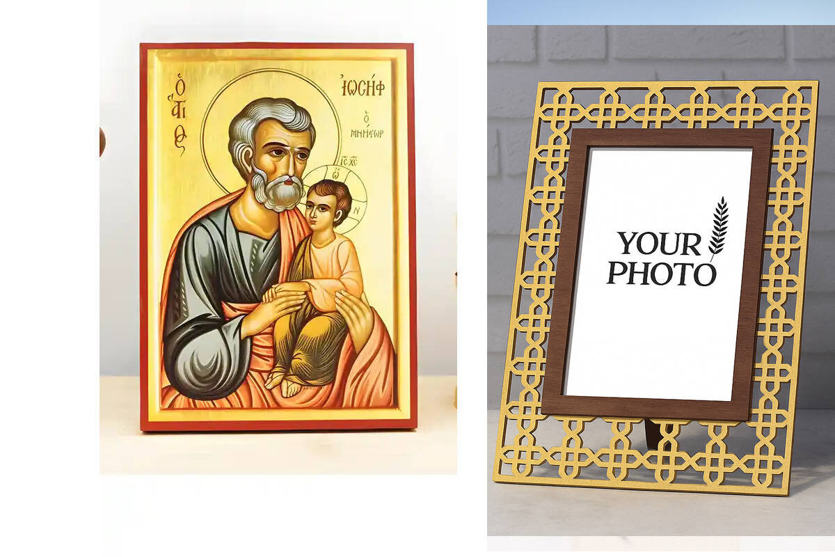 Εικόνα Ορθοδοξίας Πολυτελείας  με  σχεδιο Σταυρούς μαζι με  Βάση σε  8 χρώματα με περίγραμμα χρυσό σε ξύλο Plywood (Πλακάζ)   με  βάση Άγιος Ιωσήφ ο Αρραβωνιαστικός, Ξύλινη Χειροποίητη Εικόνα Ελληνικού Βυζαντινού Στυλ Κρεμασμένη σε ξύλινη πλάκα Χειροποίητη Ελληνορθόδοξη εικόνα του Ιησού Χριστού, Κρεμαστή πλάκα βυζαντινής τέχνης, χριστιανική τέχνη Διάσταση 15x11 cm (5,9 x 4,3 ίντσες)  INTRAEK3kadro3211-611232