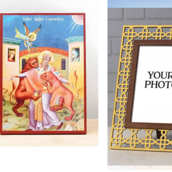 Εικόνα Ορθοδοξίας Πολυτελείας  με  σχεδιο Σταυρούς μαζι με  Βάση σε  8 χρώματα με περίγραμμα χρυσό σε ξύλο Plywood (Πλακάζ)   με  βάση Το μαρτύριο του Αγίου Ιγνατίου Αντιοχείας, Ξύλινη Χειροποίητη Εικόνα Ελληνικής Premium Βυζαντινής Στυλ Κρεμαστή σε ξύλινη πλάκα Θρησκευτικό θέμα Χειροποίητη Ελληνορθόδοξη εικόνα του Ιησού Χριστού, Κρεμαστή πλάκα βυζαντινής τέχνης, χριστιανική τέχνη Διάσταση 15x11 cm (5,9 x 4,3 ίντσες)  INTRAEK3kadro3211-611221 - Image 1