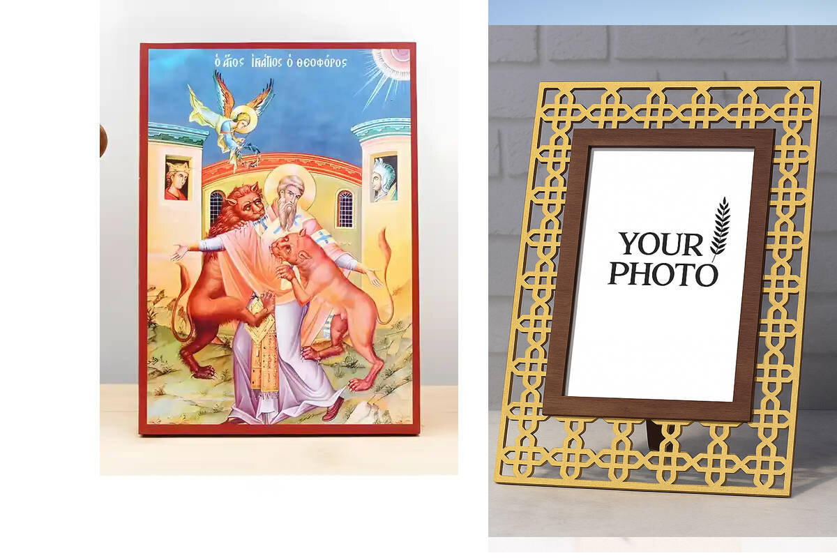 Εικόνα Ορθοδοξίας Πολυτελείας  με  σχεδιο Σταυρούς μαζι με  Βάση σε  8 χρώματα με περίγραμμα χρυσό σε ξύλο Plywood (Πλακάζ)   με  βάση Το μαρτύριο του Αγίου Ιγνατίου Αντιοχείας, Ξύλινη Χειροποίητη Εικόνα Ελληνικής Premium Βυζαντινής Στυλ Κρεμαστή σε ξύλινη πλάκα Θρησκευτικό θέμα Χειροποίητη Ελληνορθόδοξη εικόνα του Ιησού Χριστού, Κρεμαστή πλάκα βυζαντινής τέχνης, χριστιανική τέχνη Διάσταση 15x11 cm (5,9 x 4,3 ίντσες)  INTRAEK3kadro3211-611221