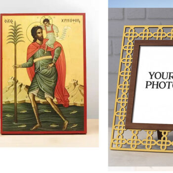 Εικόνα Ορθοδοξίας Πολυτελείας  με  σχεδιο Σταυρούς μαζι με  Βάση σε  8 χρώματα με περίγραμμα χρυσό σε ξύλο Plywood (Πλακάζ)   με  βάση Άγιος Χριστόφορος με τον Ιησού Χριστό, Ξύλινη Χειροποίητη Εικόνα Ελληνικού Premium Βυζαντινού Στυλ Κρεμασμένο σε ξύλινη πλάκα Θρησκευτικό θέμα Χειροποίητη Ελληνορθόδοξη εικόνα του Ιησού Χριστού, Κρεμαστή πλάκα βυζαντινής τέχνης, χριστιανική τέχνη Διάσταση 15x11 cm (5,9 x 4,3 ίντσες)  INTRAEK3kadro3211-611220 - Image 1