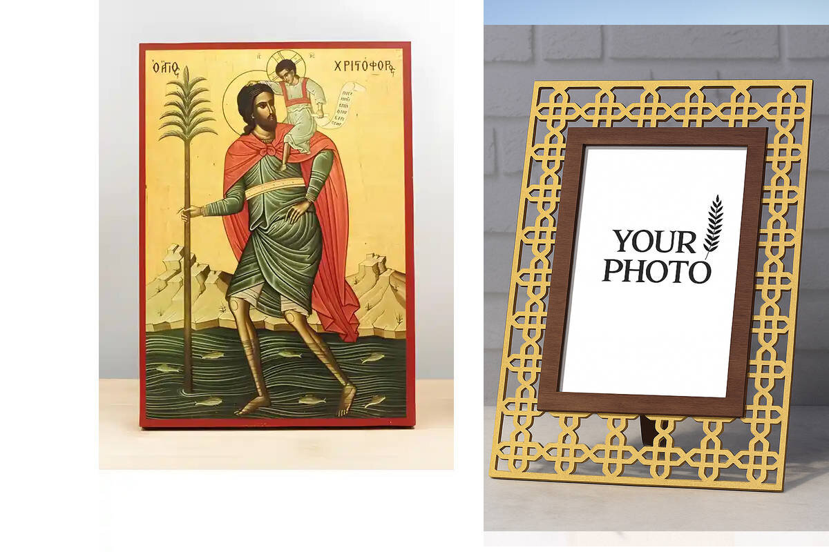 Εικόνα Ορθοδοξίας Πολυτελείας  με  σχεδιο Σταυρούς μαζι με  Βάση σε  8 χρώματα με περίγραμμα χρυσό σε ξύλο Plywood (Πλακάζ)   με  βάση Άγιος Χριστόφορος με τον Ιησού Χριστό, Ξύλινη Χειροποίητη Εικόνα Ελληνικού Premium Βυζαντινού Στυλ Κρεμασμένο σε ξύλινη πλάκα Θρησκευτικό θέμα Χειροποίητη Ελληνορθόδοξη εικόνα του Ιησού Χριστού, Κρεμαστή πλάκα βυζαντινής τέχνης, χριστιανική τέχνη Διάσταση 15x11 cm (5,9 x 4,3 ίντσες)  INTRAEK3kadro3211-611220