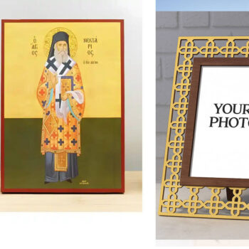 Εικόνα Ορθοδοξίας Πολυτελείας  με  σχεδιο Σταυρούς μαζι με  Βάση σε  8 χρώματα με περίγραμμα χρυσό σε ξύλο Plywood (Πλακάζ)   με  βάση Άγιος Νεκτάριος Μητροπολίτης Πενταπόλεως και Θαυματουργός Αίγινας Fullboby, Ξύλινη Χειροποίητη Εικόνα Ελληνική Βυζαντινή Τοίχο Χειροποίητη Ελληνορθόδοξη εικόνα του Ιησού Χριστού, Κρεμαστή πλάκα βυζαντινής τέχνης, χριστιανική τέχνη Διάσταση 15x11 cm (5,9 x 4,3 ίντσες)  INTRAEK3kadro3211-611193 - Image 1