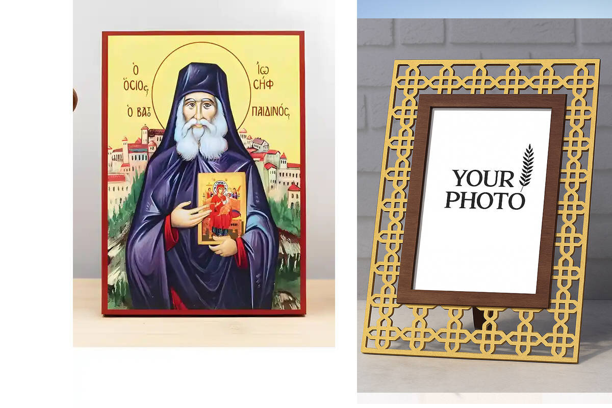 Εικόνα Ορθοδοξίας Πολυτελείας  με  σχεδιο Σταυρούς μαζι με  Βάση σε  8 χρώματα με περίγραμμα χρυσό σε ξύλο Plywood (Πλακάζ)   με  βάση Άγιος Ιωσήφ Βατοπαιδίου, Ξύλινη Χειροποίητη Εικόνα Ελληνικού Βυζαντινού Στυλ Κρεμασμένη σε ξύλινη πλάκα Χειροποίητη Ελληνορθόδοξη εικόνα του Ιησού Χριστού, Κρεμαστή πλάκα βυζαντινής τέχνης, χριστιανική τέχνη Διάσταση 15x11 cm (5,9 x 4,3 ίντσες)  INTRAEK3kadro3211-611192