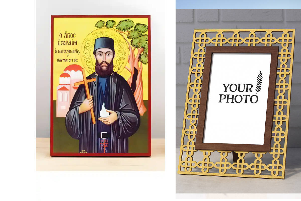 Εικόνα Ορθοδοξίας Πολυτελείας  με  σχεδιο Σταυρούς μαζι με  Βάση σε  8 χρώματα με περίγραμμα χρυσό σε ξύλο Plywood (Πλακάζ)   με  βάση Άγιος Εφραίμ Νέας Μάκρης ο Νεομάρτυς, Ξύλινη Χειροποίητη Εικόνα Ελληνικής Βυζαντινής Τεχνοτροπίας Κρεμαστή σε ξύλινη πλάκα Χειροποίητη Ελληνορθόδοξη εικόνα του Ιησού Χριστού, Κρεμαστή πλάκα βυζαντινής τέχνης, χριστιανική τέχνη Διάσταση 15x11 cm (5,9 x 4,3 ίντσες)  INTRAEK3kadro3211-611191