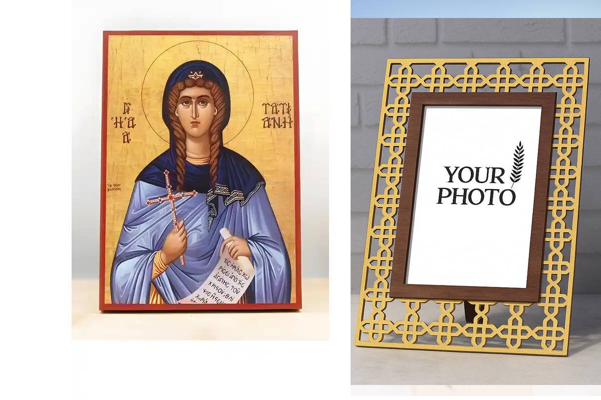 Εικόνα Ορθοδοξίας Πολυτελείας  με  σχεδιο Σταυρούς μαζι με  Βάση σε  8 χρώματα με περίγραμμα χρυσό σε ξύλο Plywood (Πλακάζ)   με  βάση Αγία Τατιάνα της Ρώμης, Ξύλινη Χειροποίητη Εικόνα Ελληνικού Premium Βυζαντινού Στυλ Κρεμασμένη σε ξύλινη πλάκα Χειροποίητη Ελληνορθόδοξη εικόνα του Ιησού Χριστού, Κρεμαστή πλάκα βυζαντινής τέχνης, χριστιανική τέχνη Διάσταση 15x11 cm (5,9 x 4,3 ίντσες)  INTRAEK3kadro3211-611167